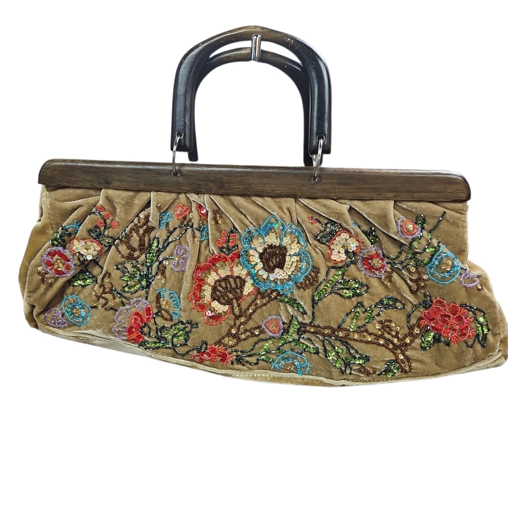 Vintage Tan Floral Tapestry Beaded Clutch